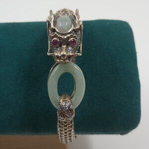 Gold Dragon Bracelet with Pale Green Jade Ring and Ruby Accent Eyes